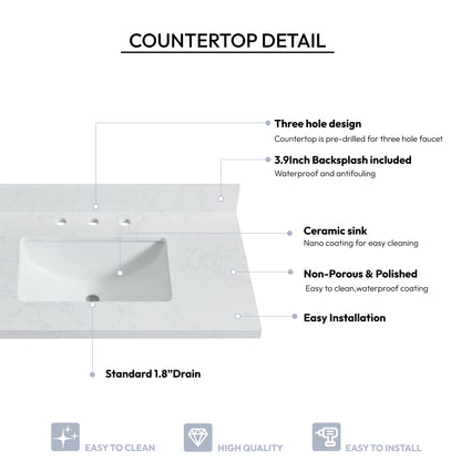 Jaen 37" W x 22" D Composite Stone Vanity Top in Grain White with White Rectangular Single Sink