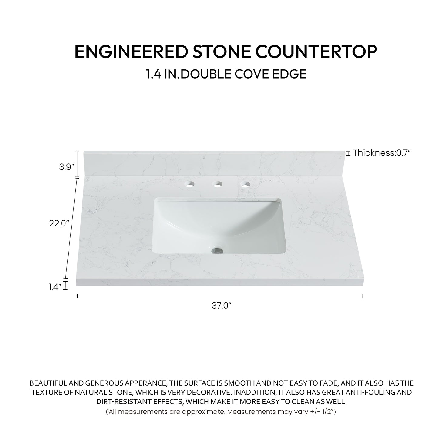 Jaen 37" W x 22" D Composite Stone Vanity Top in Grain White with White Rectangular Single Sink