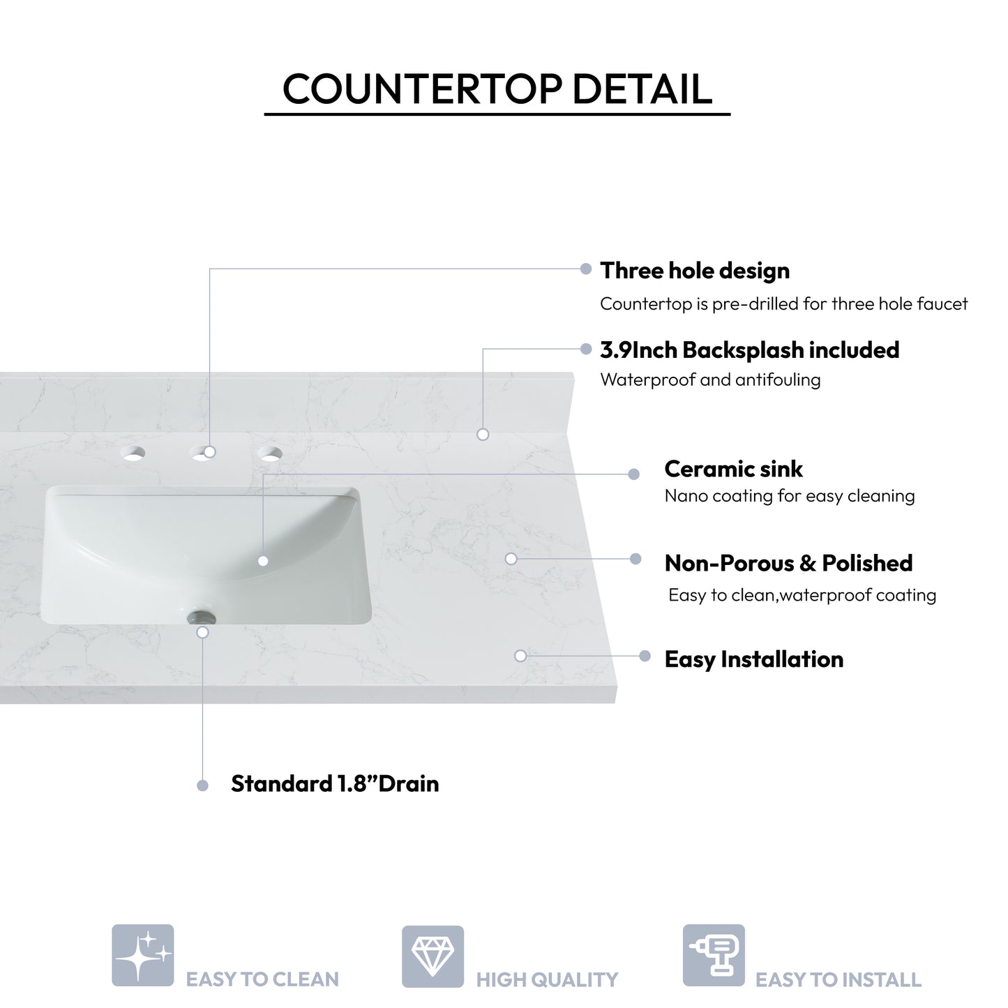 Jaen 43" W x 22" D Composite Stone Vanity Top in Grain White with White Rectangular Single Sink