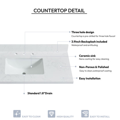 Jaen 43" W x 22" D Composite Stone Vanity Top in Grain White with White Rectangular Single Sink