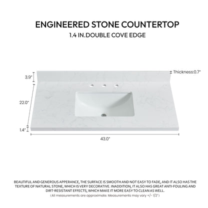 Jaen 43" W x 22" D Composite Stone Vanity Top in Grain White with White Rectangular Single Sink