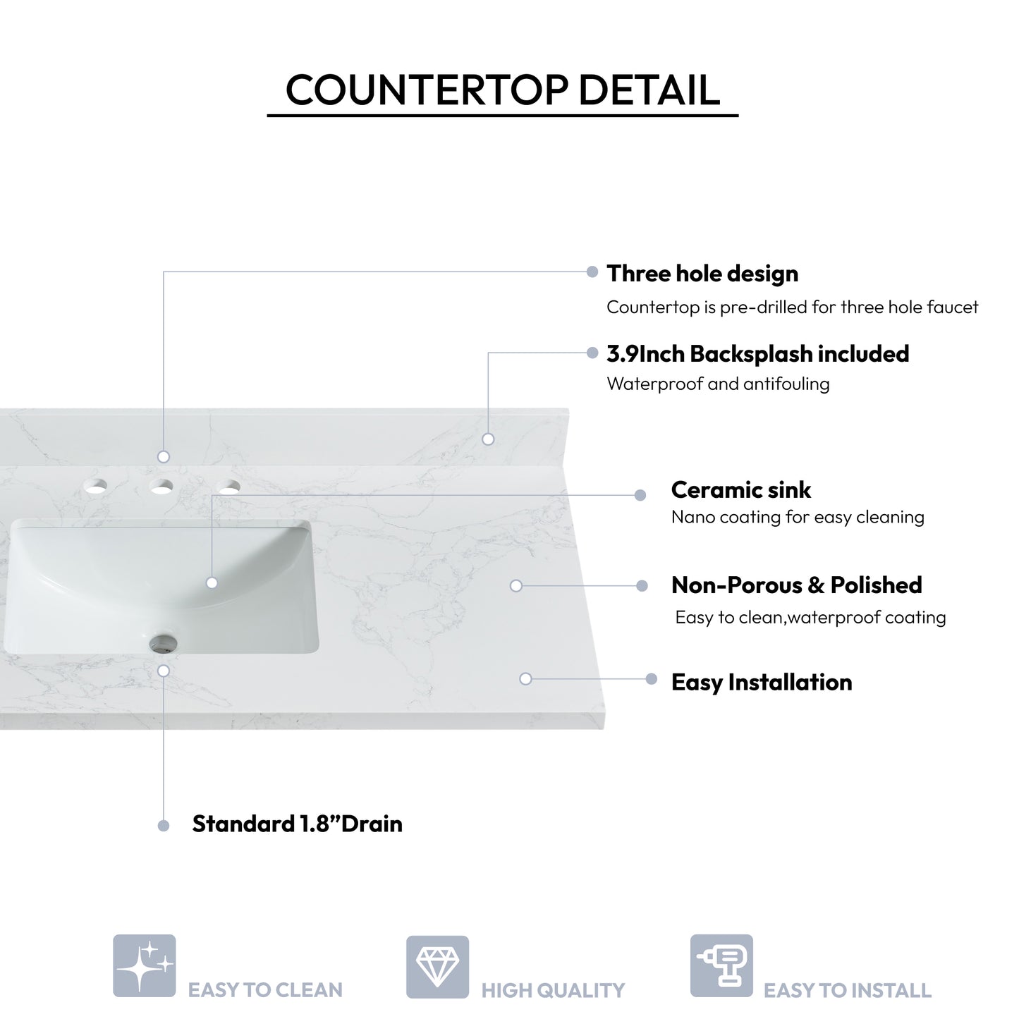Jaen 49" W x 22" D Composite Stone Vanity Top in Grain White with White Rectangular Single Sink