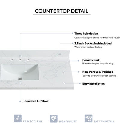 Jaen 49" W x 22" D Composite Stone Vanity Top in Grain White with White Rectangular Single Sink