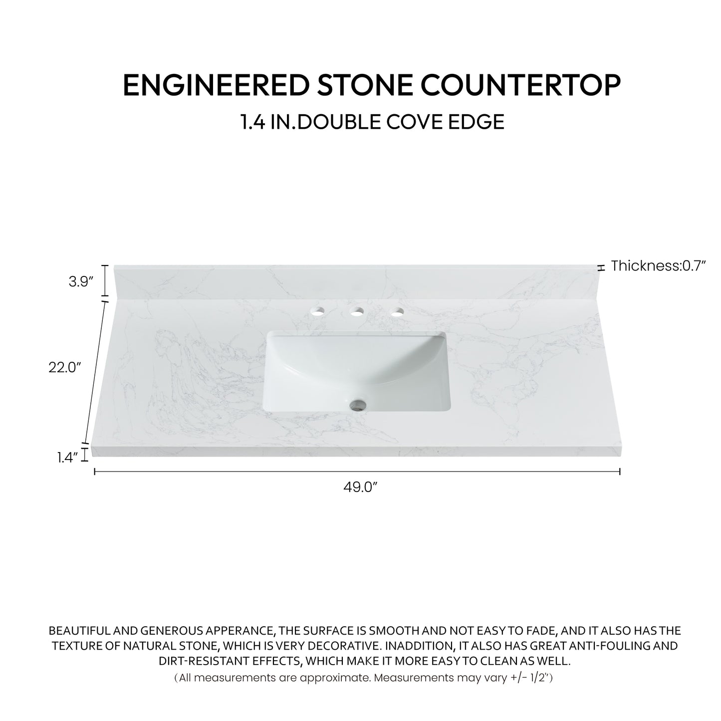 Jaen 49" W x 22" D Composite Stone Vanity Top in Grain White with White Rectangular Single Sink