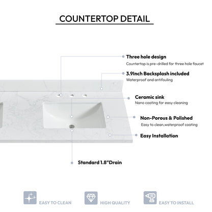 Jaen 61" W x 22" D Composite Stone Vanity Top in Grain White with White Rectangular Double Sink