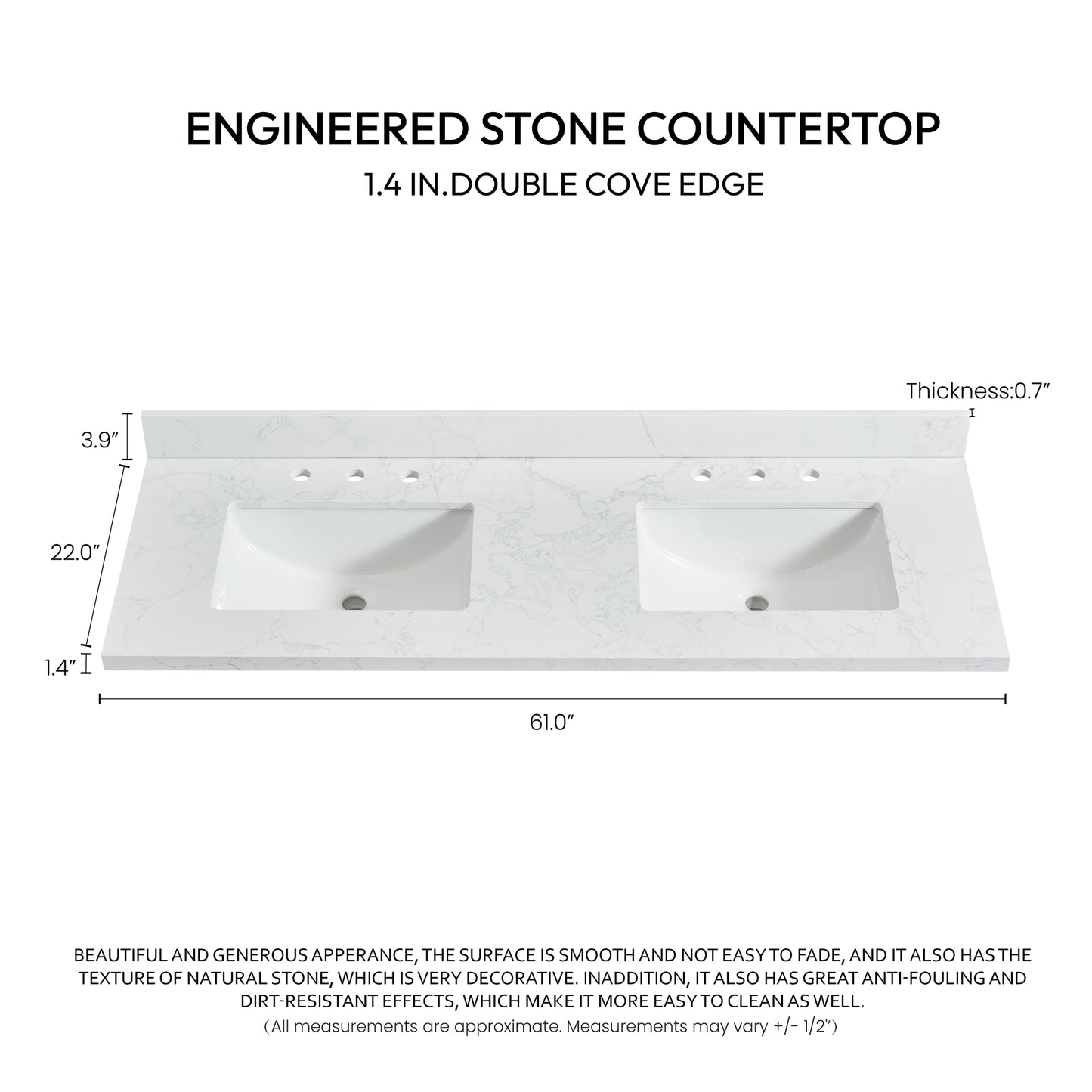 Jaen 61" W x 22" D Composite Stone Vanity Top in Grain White with White Rectangular Double Sink