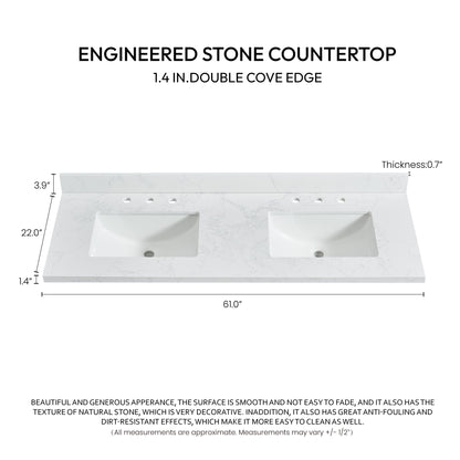 Jaen 61" W x 22" D Composite Stone Vanity Top in Grain White with White Rectangular Double Sink