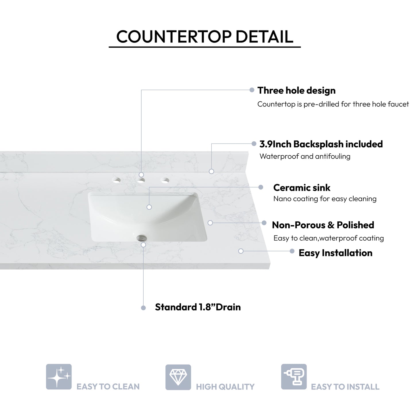 Jaen 73" W x 22" D Composite Stone Vanity Top in Grain White with White Rectangular Double Sink