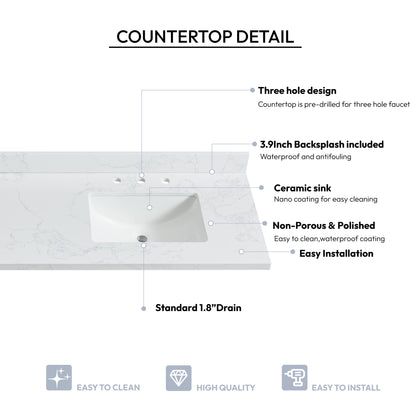 Jaen 73" W x 22" D Composite Stone Vanity Top in Grain White with White Rectangular Double Sink