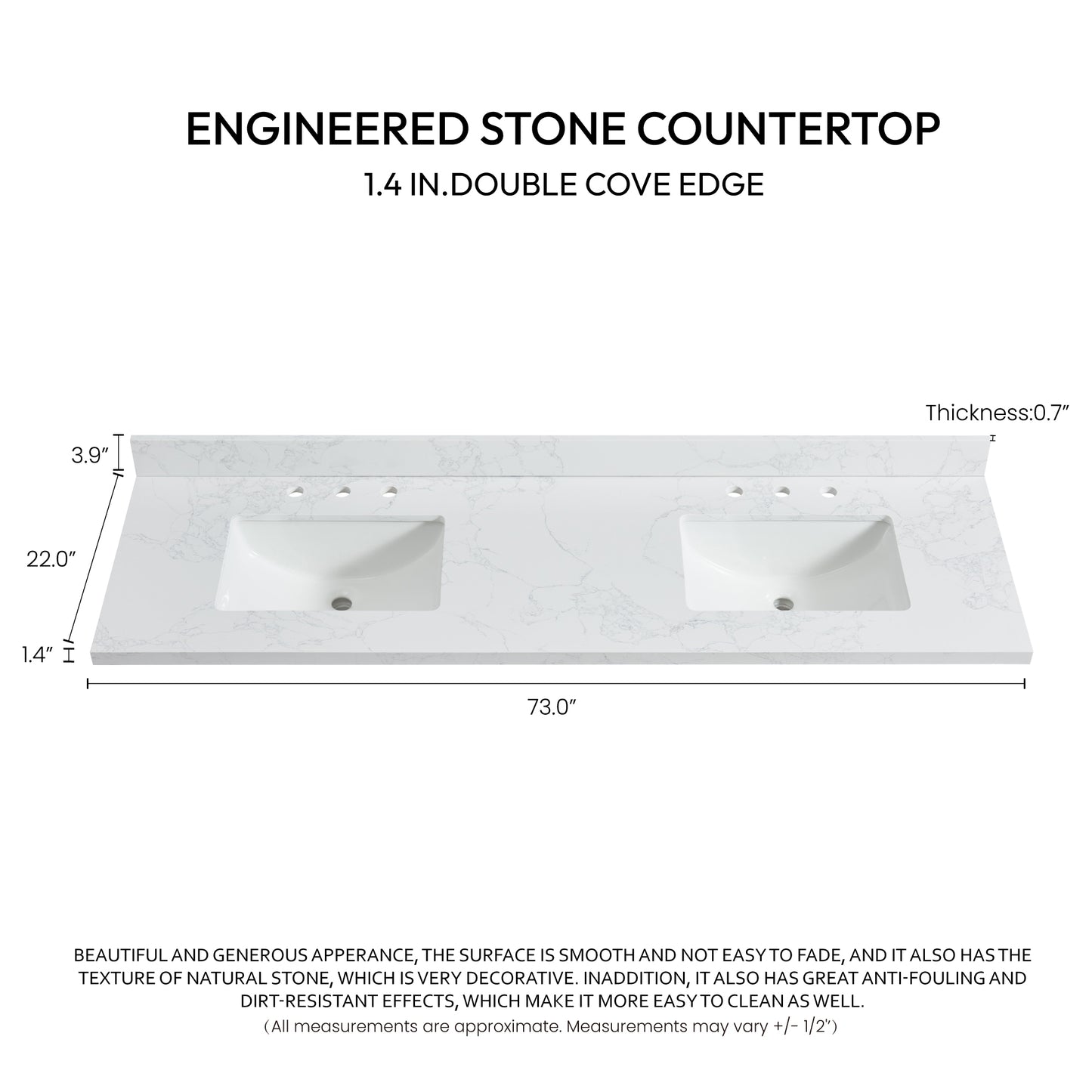 Jaen 73" W x 22" D Composite Stone Vanity Top in Grain White with White Rectangular Double Sink