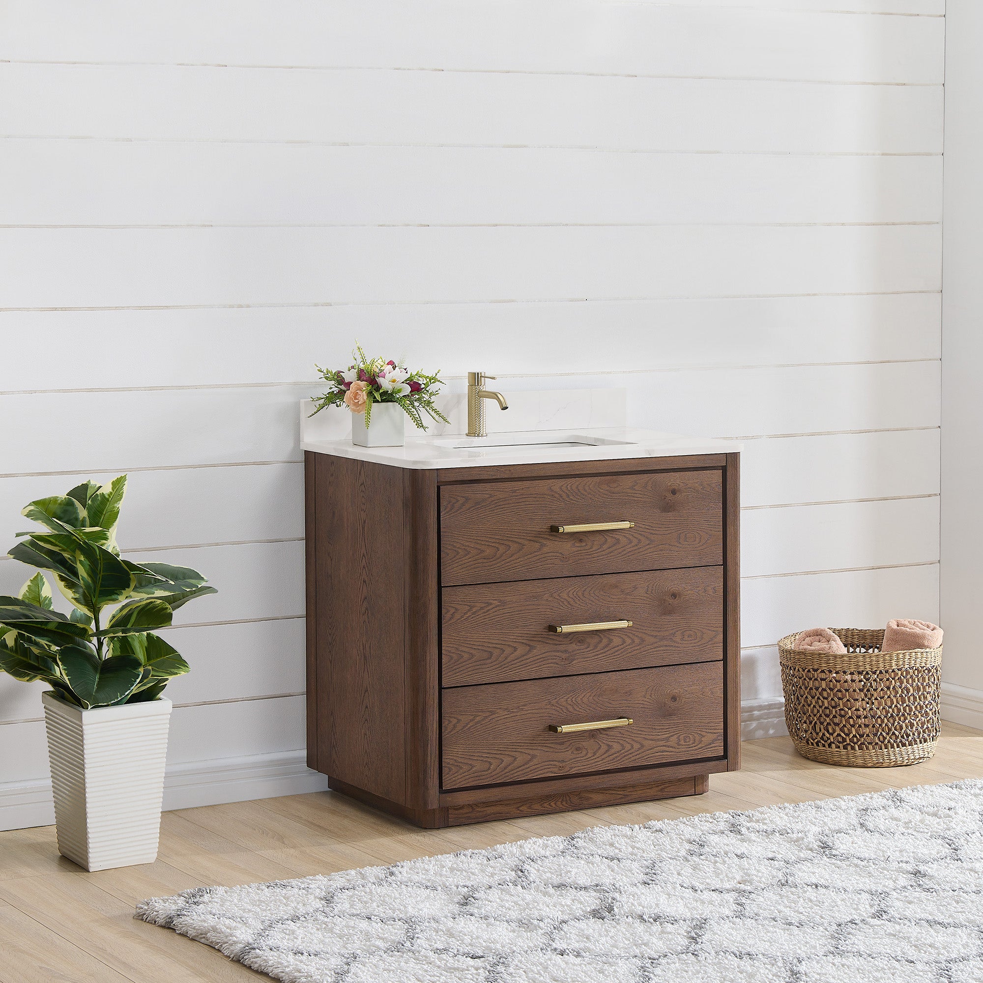Bathroom Vanity Unit Free Standing Oak Corner Cabinet Black Quartz