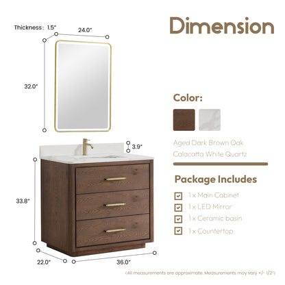 Porto 36" Free-standing Single Bath Vanity in Aged Dark Brown Oak