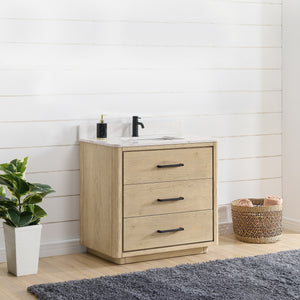 Porto 36" Free-standing Single Bath Vanity in Aged Natural Oak with Fish Maw White Quartz Stone Top