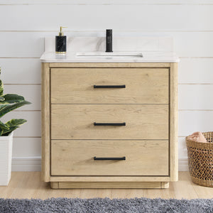 Open image in slideshow, Porto 36&quot; Free-standing Single Bath Vanity in Aged Natural Oak with Fish Maw White Quartz Stone Top
