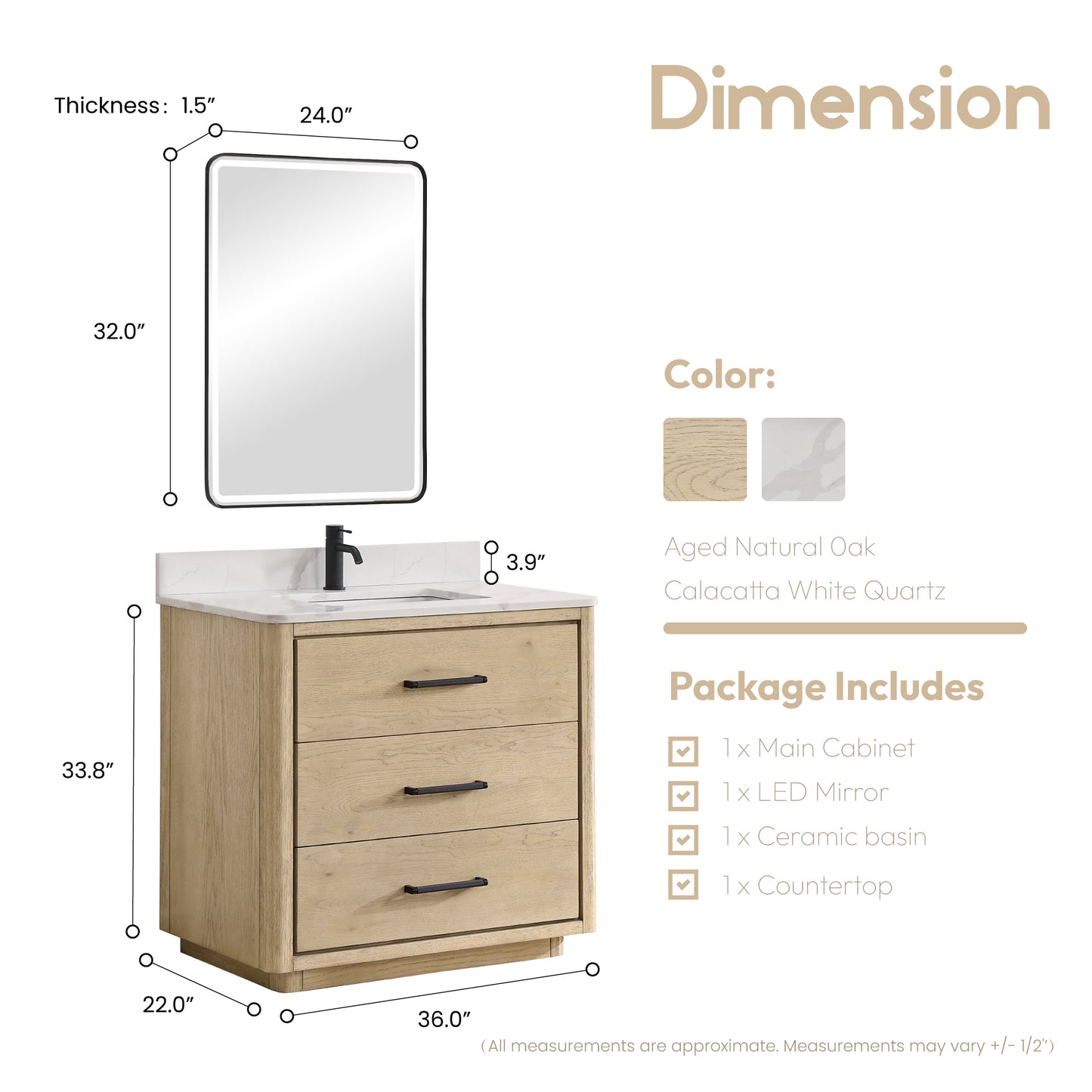 Porto 36" Free-standing Single Bath Vanity in Aged Natural Oak