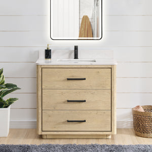 Porto 36" Free-standing Single Bath Vanity in Aged Natural Oak with Fish Maw White Quartz Stone Top