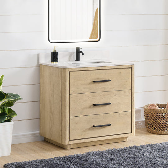 Issac Edwards 36" Free-standing Single Bath Vanity in Aged Natural Oak with Fish Maw White Quartz Stone Top and Mirror