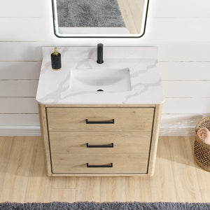 Porto 36" Free-standing Single Bath Vanity in Aged Natural Oak with Fish Maw White Quartz Stone Top