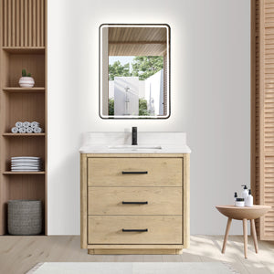 Open image in slideshow, Porto 36&quot; Free-standing Single Bath Vanity in Aged Natural Oak with Fish Maw White Quartz Stone Top
