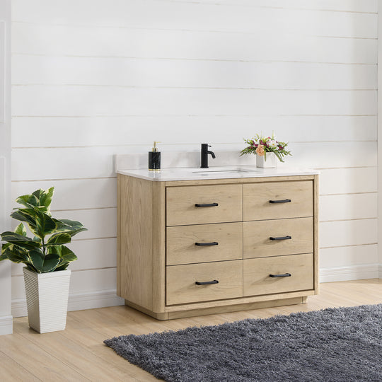 Issac Edwards 48" Free-standing Single Bath Vanity in Aged Natural Oak with Fish Maw White Quartz Stone Top and Mirror