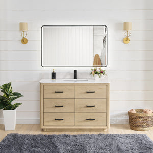 Open image in slideshow, Porto 48&quot; Free-standing Single Bath Vanity in Aged Natural Oak with Fish Maw White Quartz Stone Top
