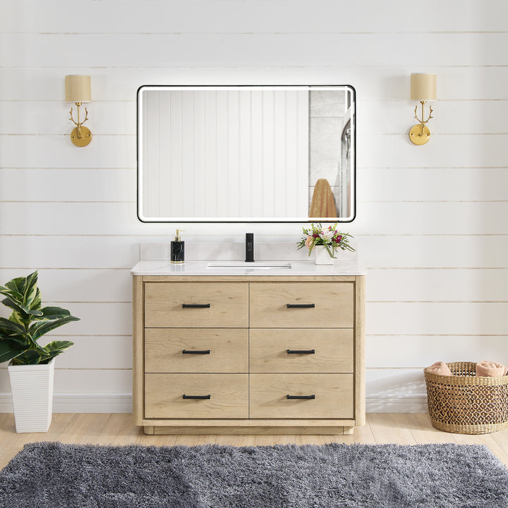 Issac Edwards 48" Free-standing Single Bath Vanity in Aged Natural Oak with Fish Maw White Quartz Stone Top and Mirror