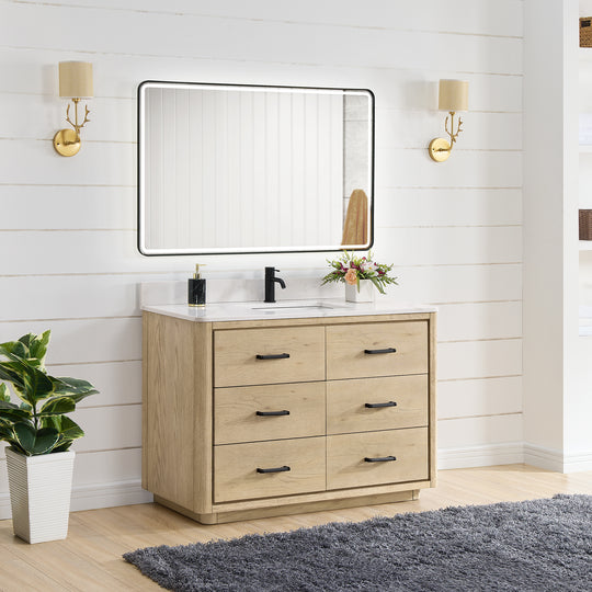 Issac Edwards 48" Free-standing Single Bath Vanity in Aged Natural Oak with Fish Maw White Quartz Stone Top and Mirror