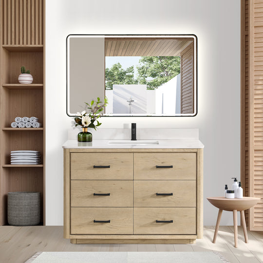 Issac Edwards 48" Free-standing Single Bath Vanity in Aged Natural Oak with Fish Maw White Quartz Stone Top and Mirror