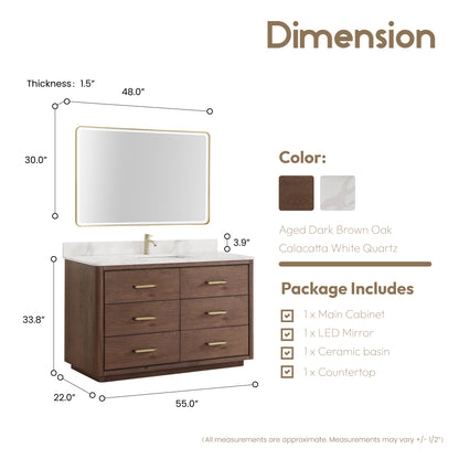 Porto 55" Free-standing Single Bath Vanity in Aged Dark Brown Oak