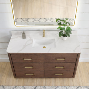 Porto 55" Free-standing Single Bath Vanity in Aged Dark Brown Oak with Fish Maw White Quartz Stone Top