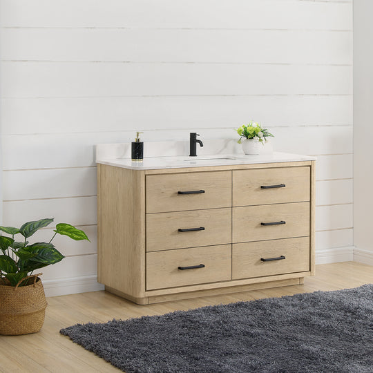 Issac Edwards 55" Free-standing Single Bath Vanity in Aged Natural Oak with Fish Maw White Quartz Stone Top and Mirror