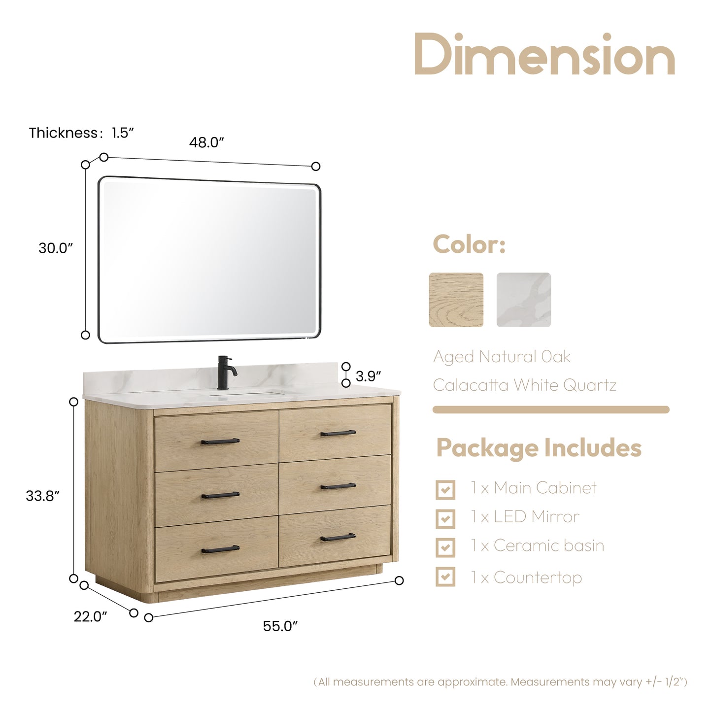 Porto 55" Free-standing Single Bath Vanity in Aged Natural Oak