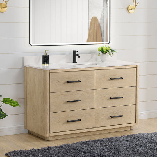Issac Edwards 55" Free-standing Single Bath Vanity in Aged Natural Oak with Fish Maw White Quartz Stone Top and Mirror