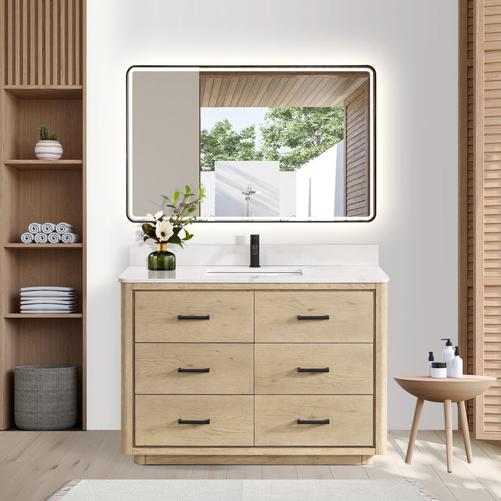 Issac Edwards 55" Free-standing Single Bath Vanity in Aged Natural Oak with Fish Maw White Quartz Stone Top and Mirror