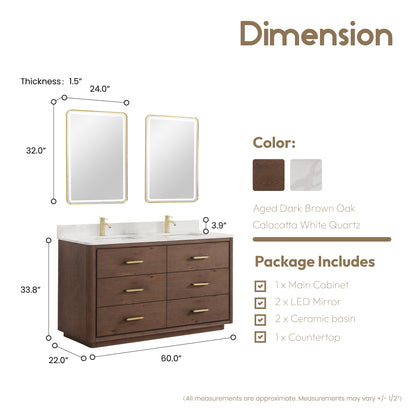 Porto 60M" Free-standing Double Bath Vanity in Aged Dark Brown Oak