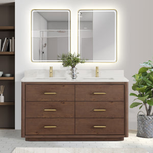 Open image in slideshow, Porto 60M&quot; Free-standing Double Bath Vanity in Aged Dark Brown Oak with Fish Maw White Quartz Stone Top
