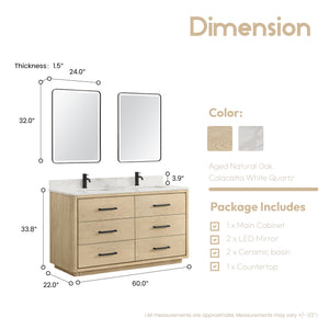 Porto 60M" Free-standing Double Bath Vanity in Aged Natural Oak with Fish Maw White Quartz Stone Top