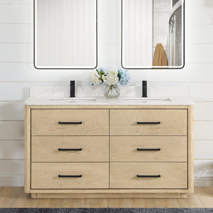 Porto 60M" Free-standing Double Bath Vanity in Aged Natural Oak with Fish Maw White Quartz Stone Top