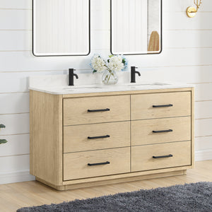 Porto 60M" Free-standing Double Bath Vanity in Aged Natural Oak with Fish Maw White Quartz Stone Top