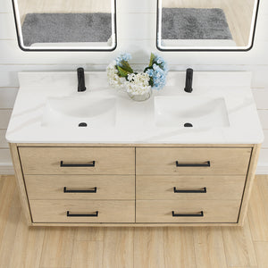 Porto 60M" Free-standing Double Bath Vanity in Aged Natural Oak with Fish Maw White Quartz Stone Top