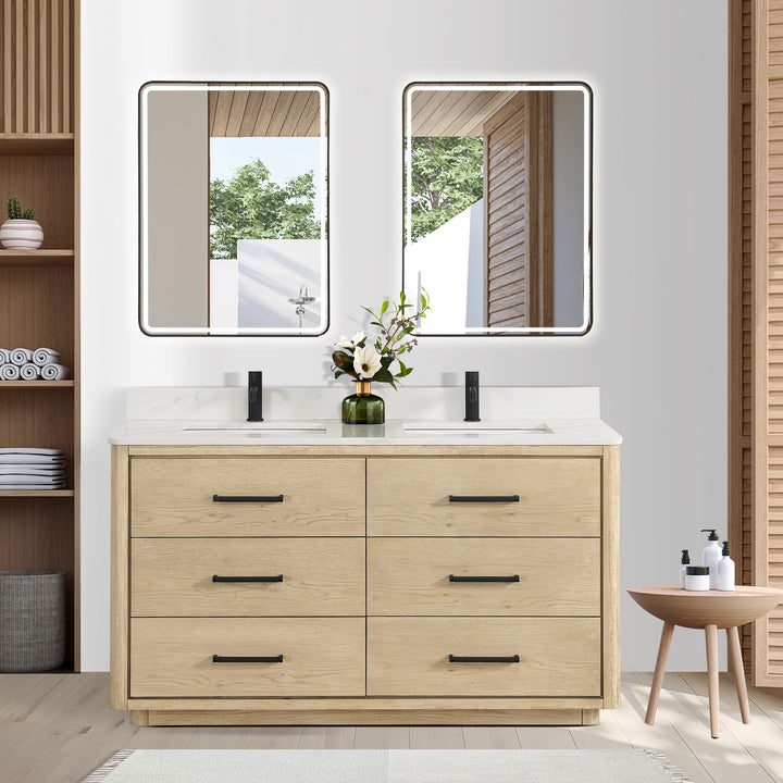 Issac Edwards 60M" Free-standing Double Bath Vanity in Aged Natural Oak with Fish Maw White Quartz Stone Top and Mirror