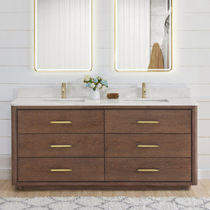 Open image in slideshow, Porto 72&quot; Free-standing Double Bath Vanity in Aged Dark Brown Oak with Fish Maw White Quartz Stone Top
