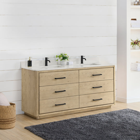 Issac Edwards 72" Free-standing Double Bath Vanity in Aged Natural Oak with Fish Maw White Quartz Stone Top and Mirror