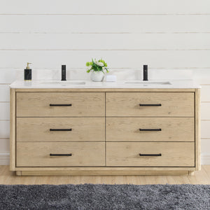 Open image in slideshow, Porto 72&quot; Free-standing Double Bath Vanity in Aged Natural Oak with Fish Maw White Quartz Stone Top
