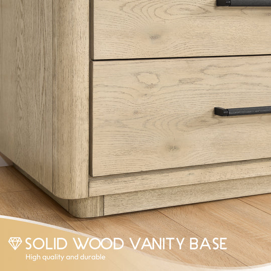 Issac Edwards 72" Free-standing Double Bath Vanity in Aged Natural Oak with Fish Maw White Quartz Stone Top and Mirror