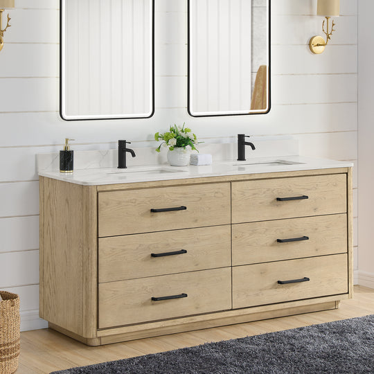 Issac Edwards 72" Free-standing Double Bath Vanity in Aged Natural Oak with Fish Maw White Quartz Stone Top and Mirror