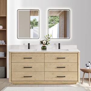 Open image in slideshow, Porto 72&quot; Free-standing Double Bath Vanity in Aged Natural Oak with Fish Maw White Quartz Stone Top
