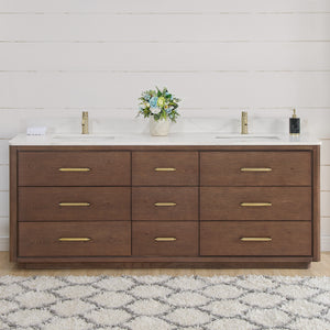 Open image in slideshow, Porto 84&quot; Free-standing Double Bath Vanity in Aged Dark Brown Oak with Fish Maw White Quartz Stone Top
