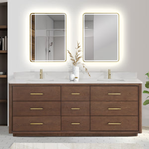 Open image in slideshow, Porto 84&quot; Free-standing Double Bath Vanity in Aged Dark Brown Oak with Fish Maw White Quartz Stone Top
