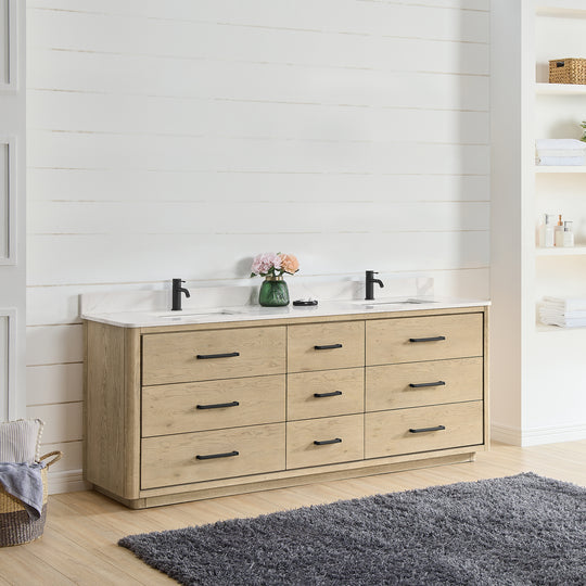 Issac Edwards 84" Free-standing Double Bath Vanity in Aged Natural Oak with Fish Maw White Quartz Stone Top and Mirror